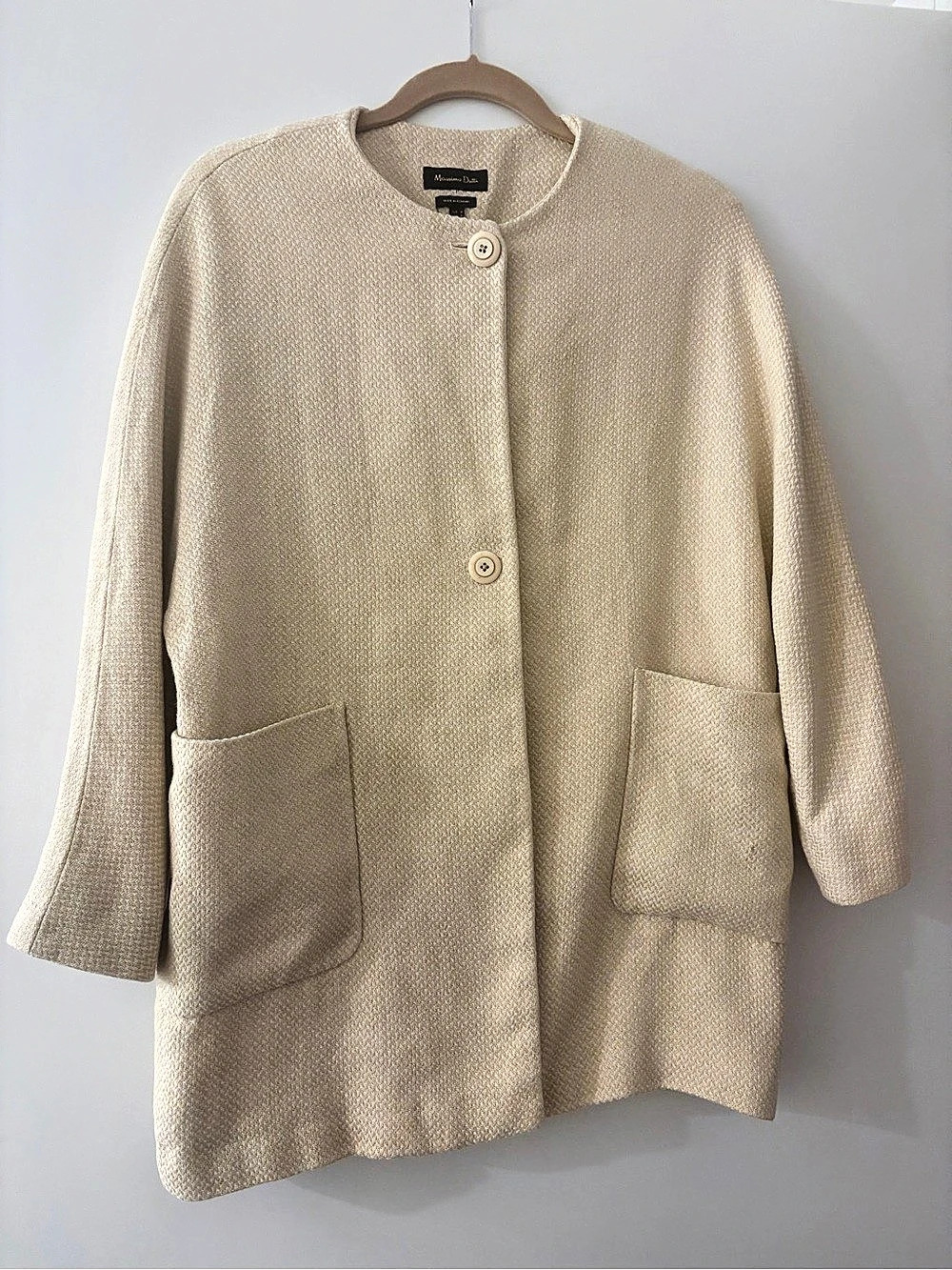 Massimo Dutti Textured Collarless Blazer Coat Jacket in Beige Tan Size Medium